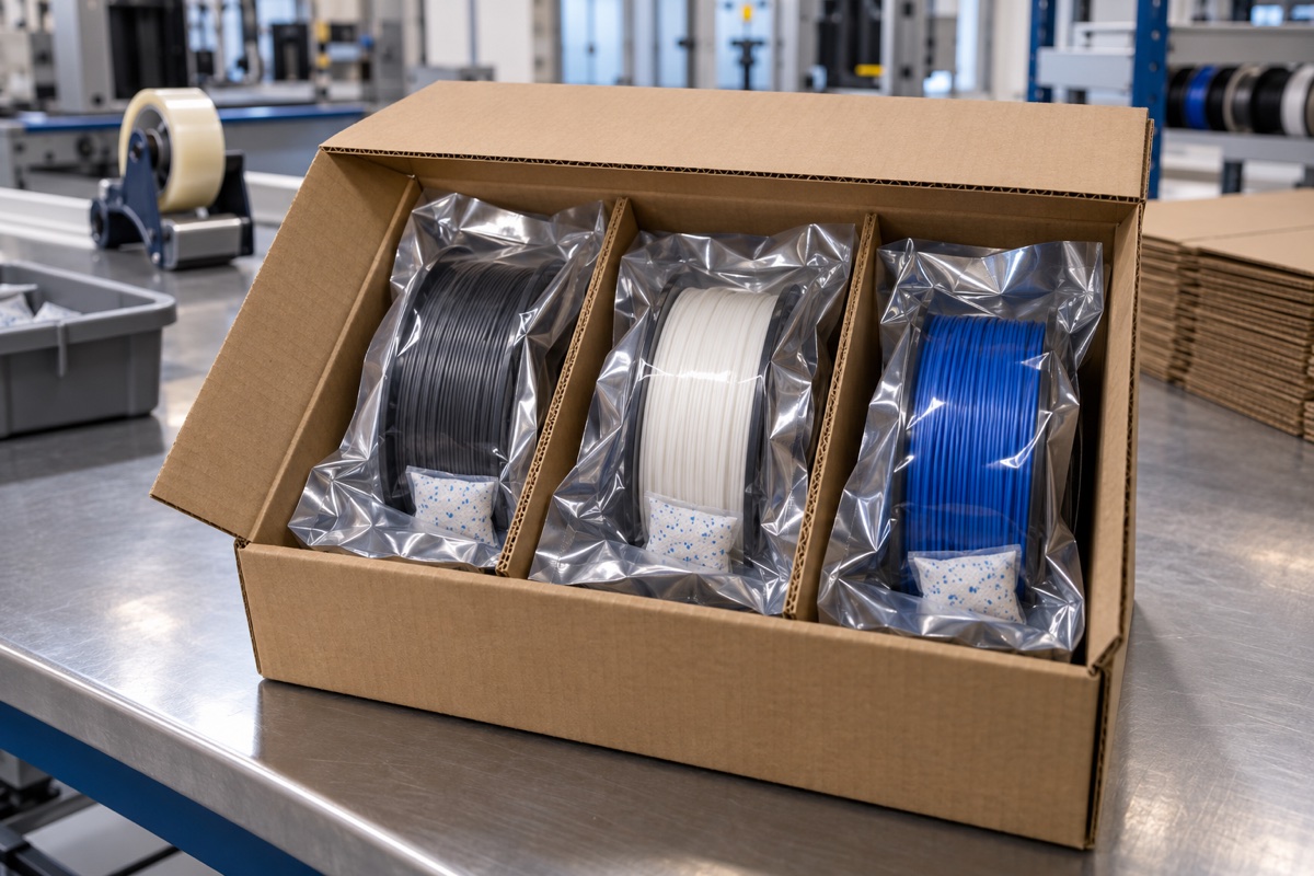 3D yazıcı filament makaraları nem bariyerli poşetler ve karton bölücülerle paketleniyor