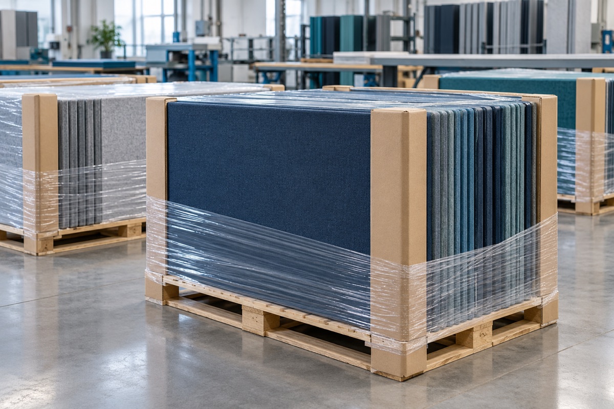 Acoustic panels prepared on a pallet with edge guards and stretch wrap