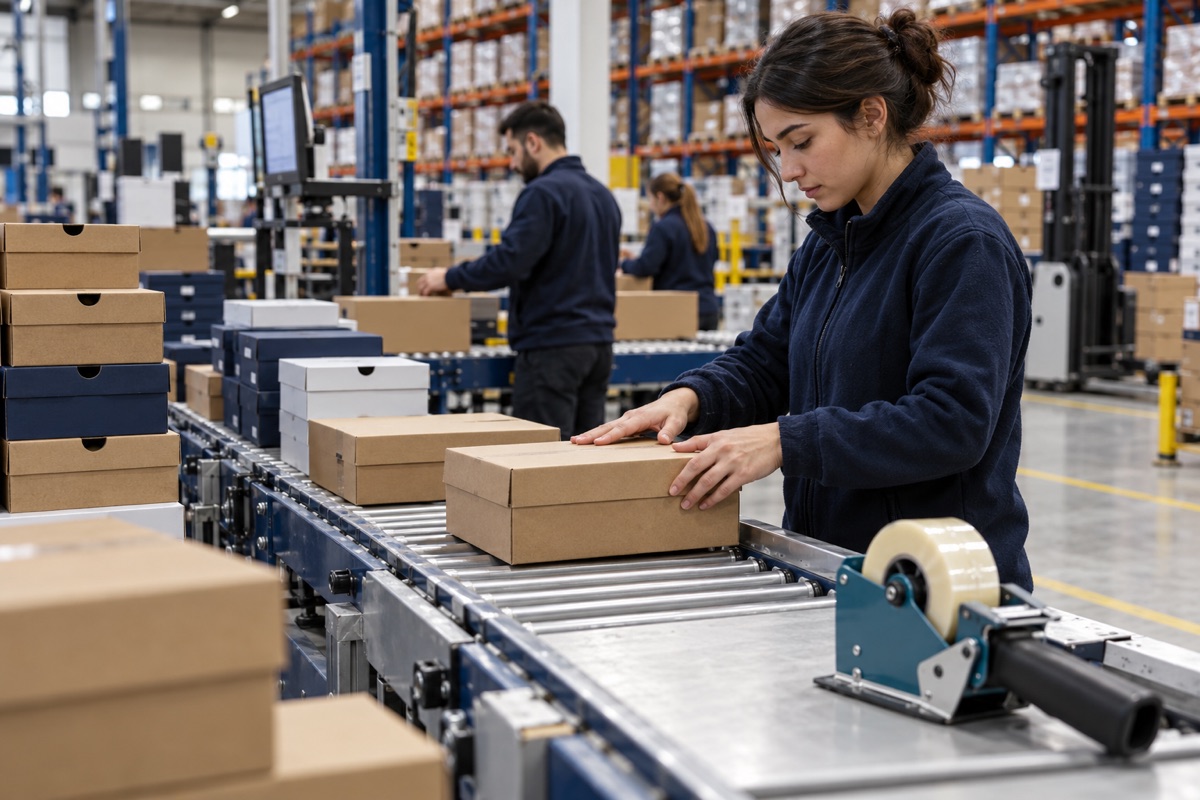 Footwear boxes organised for shipment on a warehouse packing line