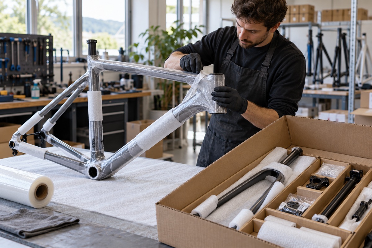 A bicycle frame placed in a shipping carton with protective surface film and board supports