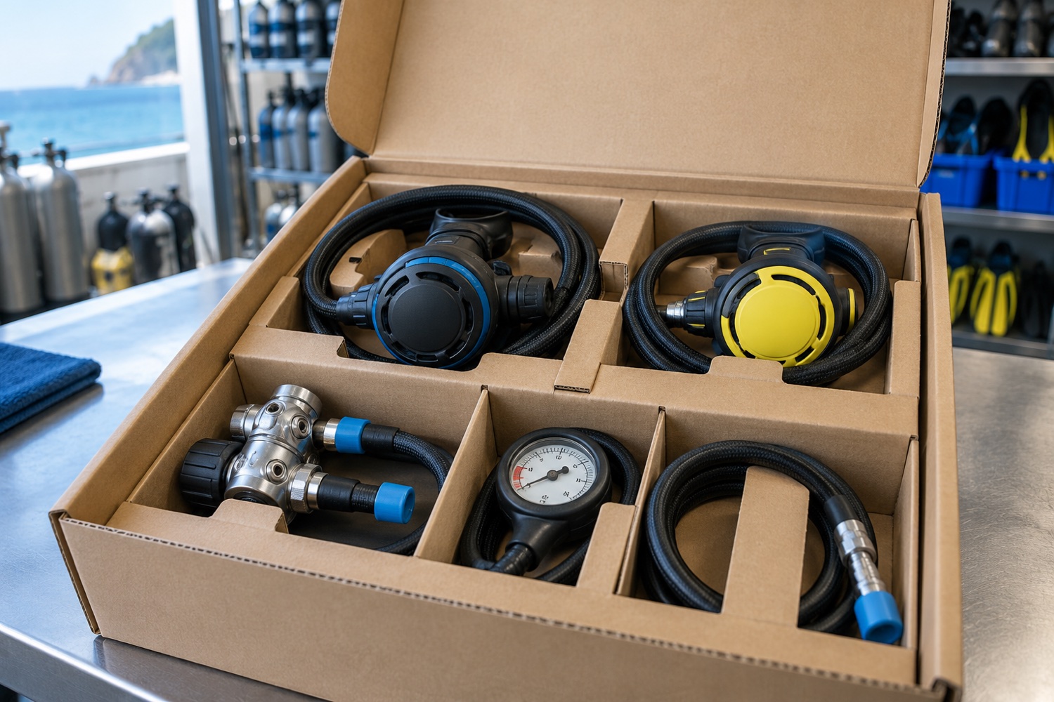Scuba regulators, a pressure gauge and hoses packed in separate corrugated compartments
