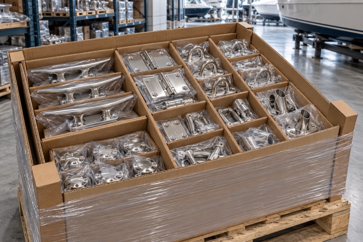 Stainless marine fittings organised in compartmented cartons for shipment