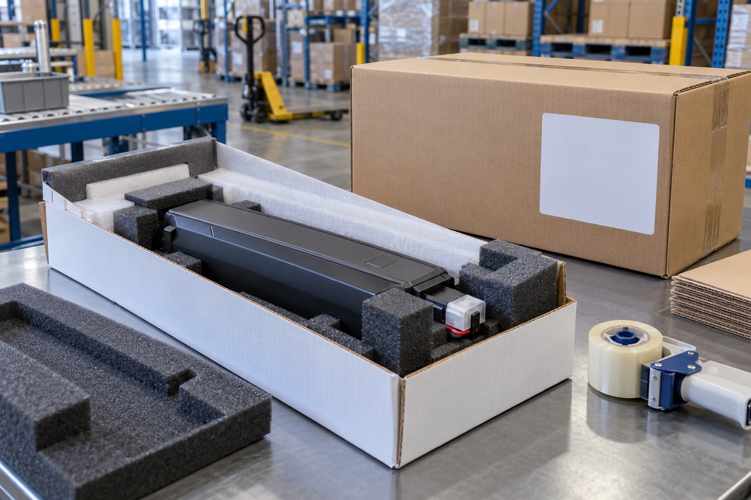 E-bike lithium battery with protected terminals placed in a fitted protective shipping carton