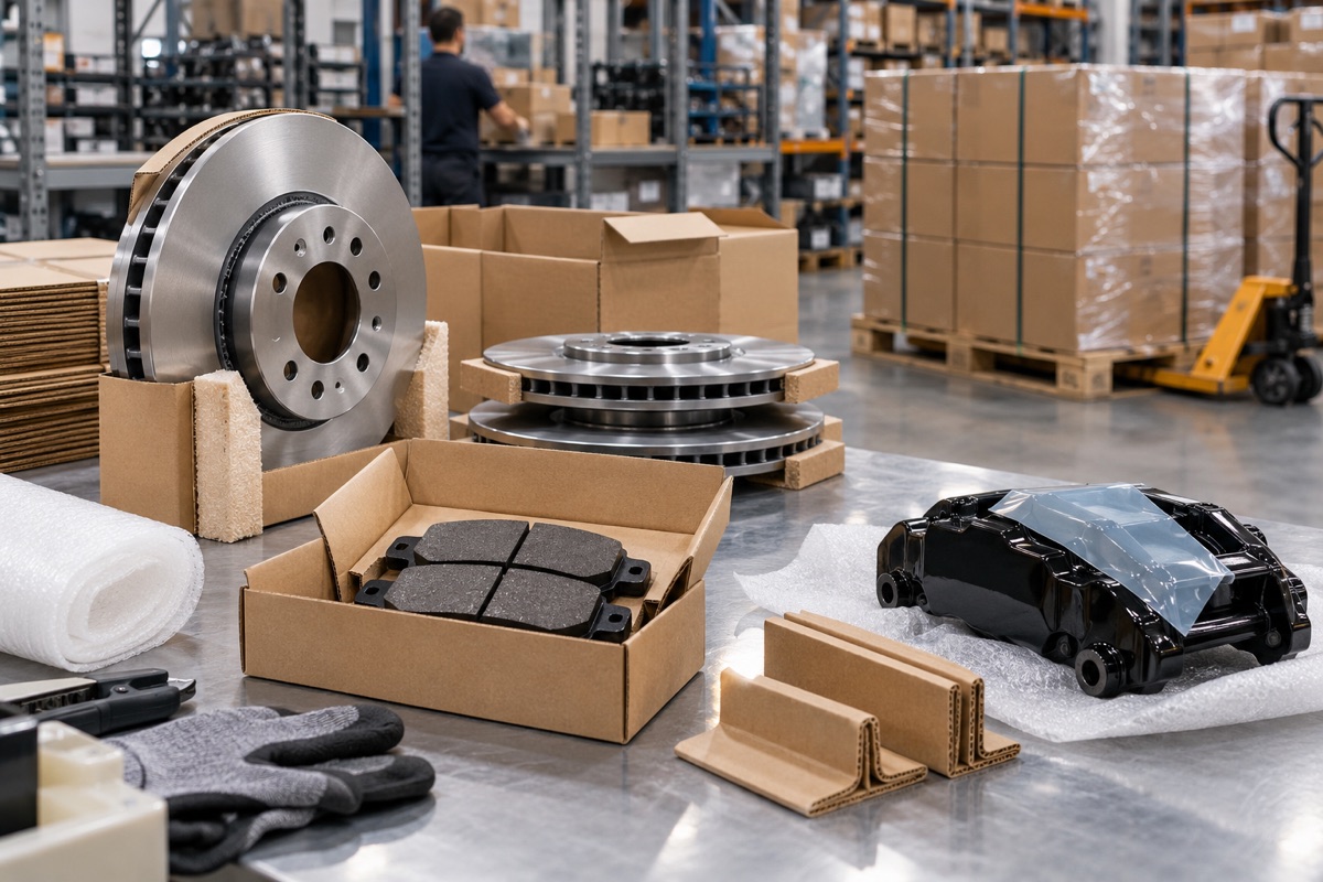 Brake disc and pad sets packed in separated compartments