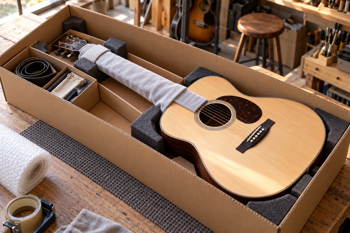 Akustik gitar, destekli kutu içi koruma ile sevkiyata hazırlanıyor