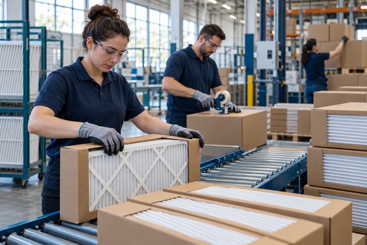 Pileli HVAC hava filtrelerinin taşıma öncesinde koruyucu kartonla paketlenmesi