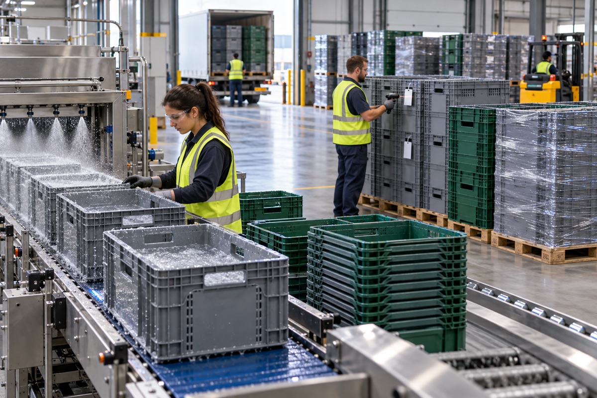 Barcode-labelled reusable plastic crates in a logistics centre