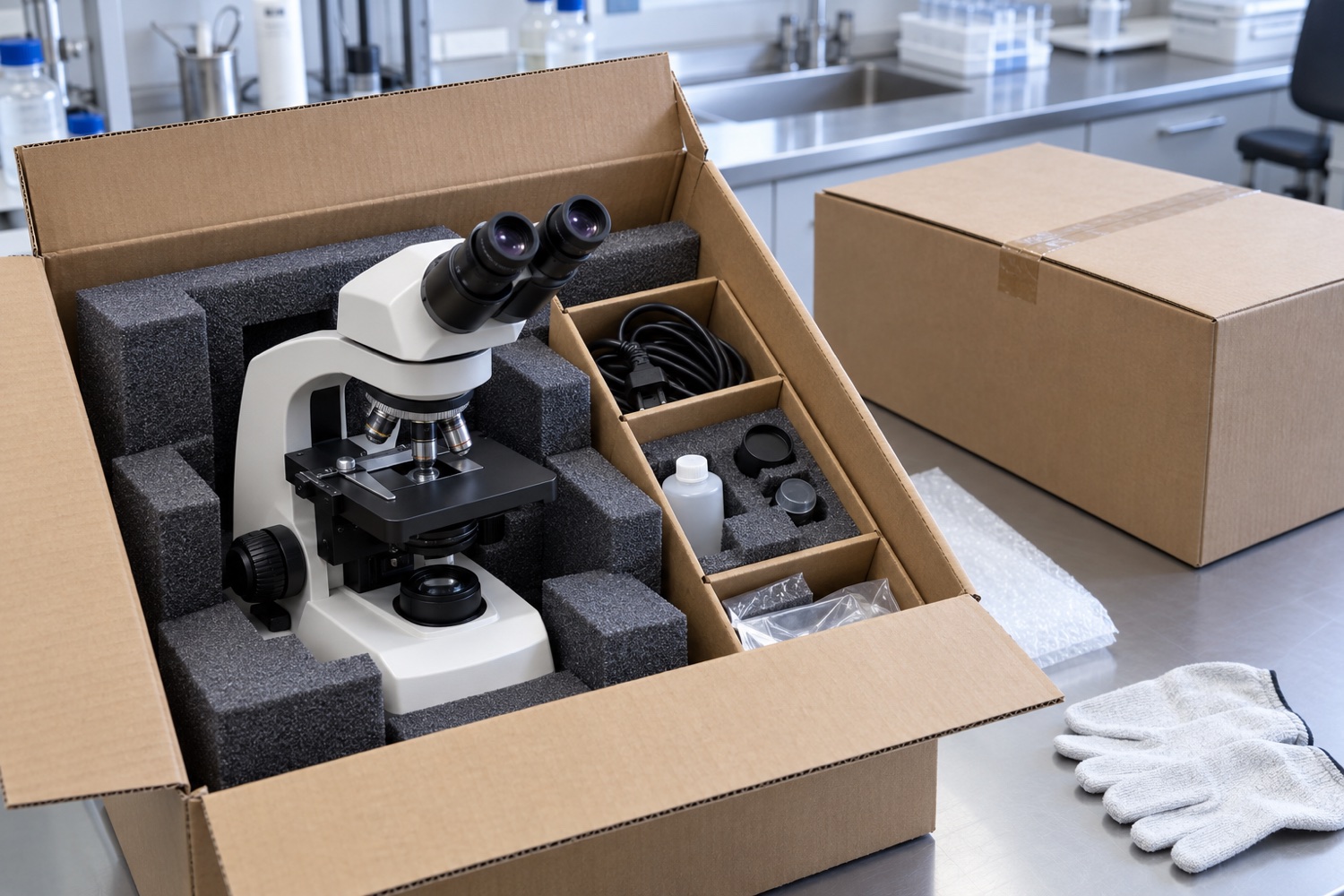 Laboratory microscope with lenses and accessories separated in fitted carton compartments