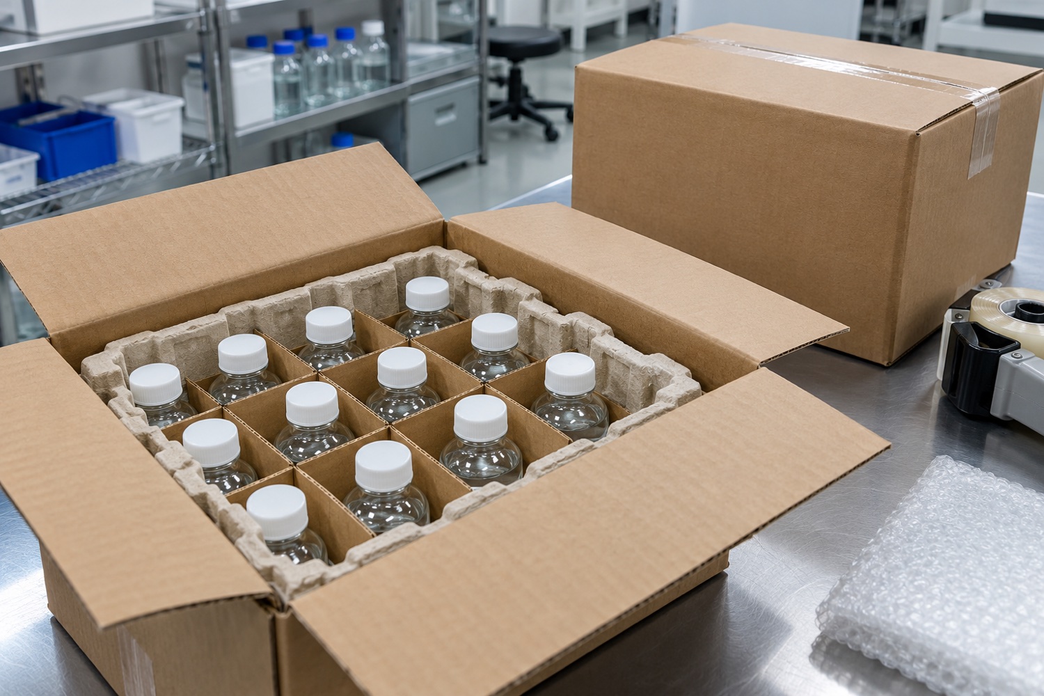 Laboratory bottles held in separate corrugated and molded inserts inside a shipping carton