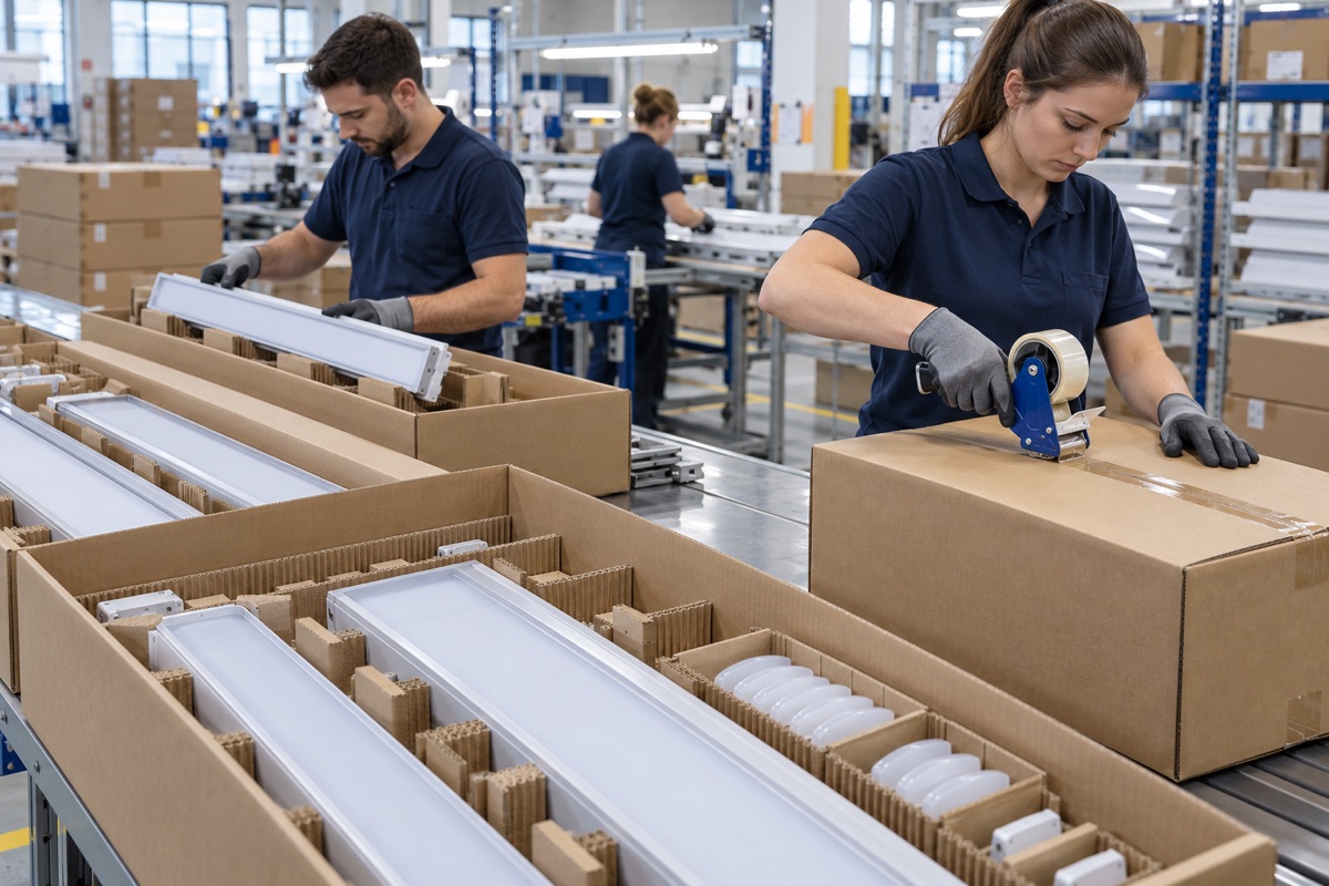 LED aydınlatma armatürlerinin koruyucu karton ayırıcılarla koliye yerleştirilmesi