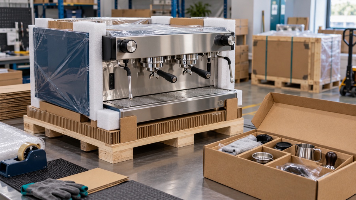 Espresso makinesi ve aksesuarları koruyucu karton yuvalarla sevkiyata hazırlanıyor