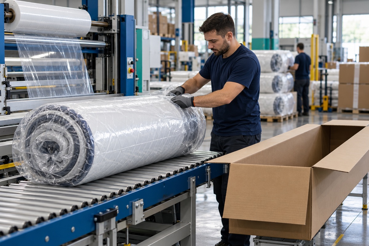 A rolled mattress being packed with protective film and a carton in a production area