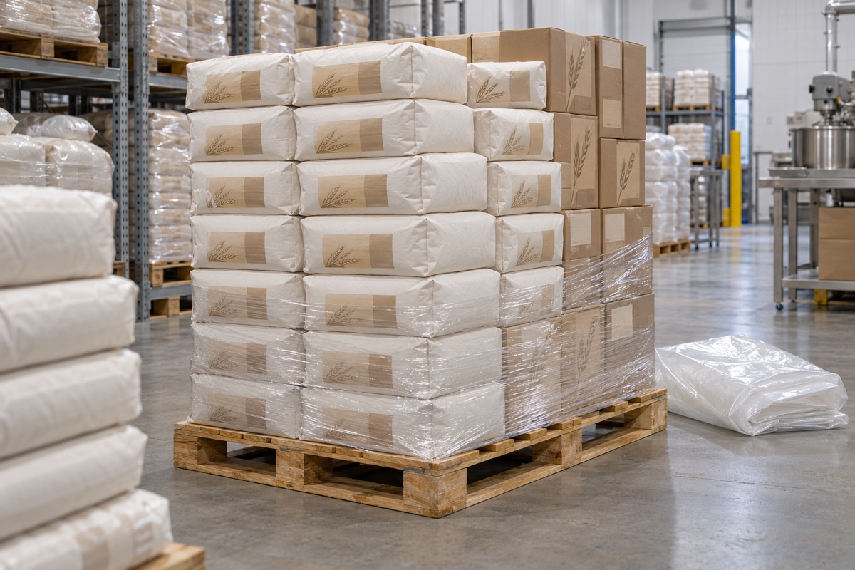 Flour sacks arranged on a warehouse pallet and unitised with stretch film